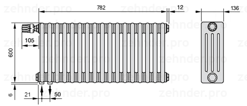Схема (чертеж) Радиатор Zehnder Charleston 4060/17 №V001 Белый глянцевый RAL 9016
